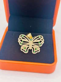 14K Gold Butterfly Pendant w/ CZ and Green Accents