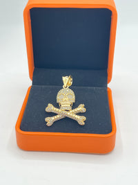 Gold Over Silver Skull Crossbone Pendant with CZ