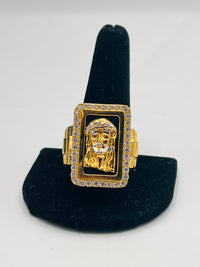 Gold Over Silver Square Jesus Portrait Ring for Mens' w/ CZ