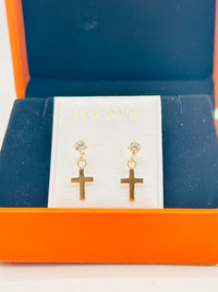 14K Gold Mini Cross Earrings w/ CZ