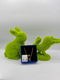 14k ring earring, ring , Cuban chain and blue sapphire halo pendant featuring a round-cut, with Cz