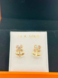 14K Gold Pink Flower with Stem Earrings w/ CZ