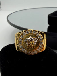 Gold Over Silver round medusa ring for Mens' w/ CZ