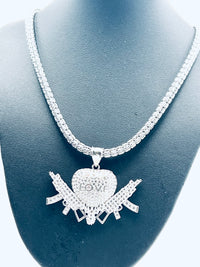 Sterling Silver "For Love" Heart & AK47 Hip-Hop Pendant w/ CZ