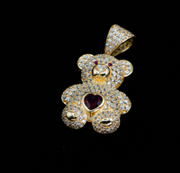 14k Gold Iced Out Diamond Teddy Bear Pendant with Red Heart Gem