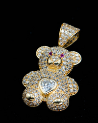 14k Gold Iced Out Diamond Teddy Bear Pendant with Silver Heart Gem