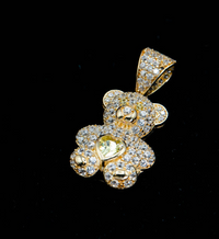 14k Gold Small Iced Out Diamond Teddy Bear Pendant with Gold Heart