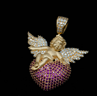 14K Gold Cupid Heart Pendant with Pink Stud Stones