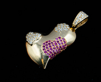 14K Gold Unique Heart Pendant with Pink Studs