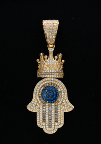 14K Gold Hamsa Hand Pendant with Blue CZ